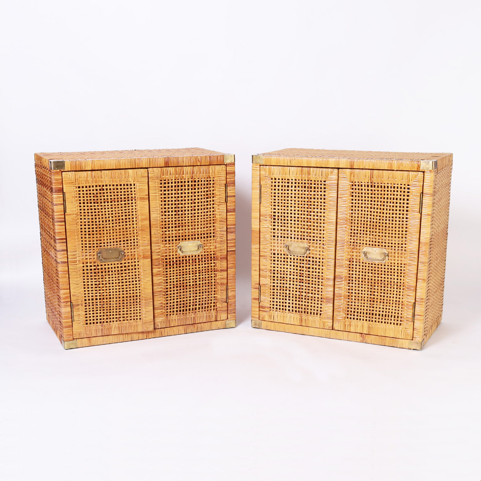 Pair of Mid Century Campaign Style Two Door Woven Reed Stands
