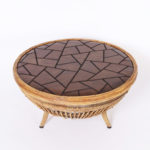 Mid Century Drum Form Rattan and Leather Coffee Table