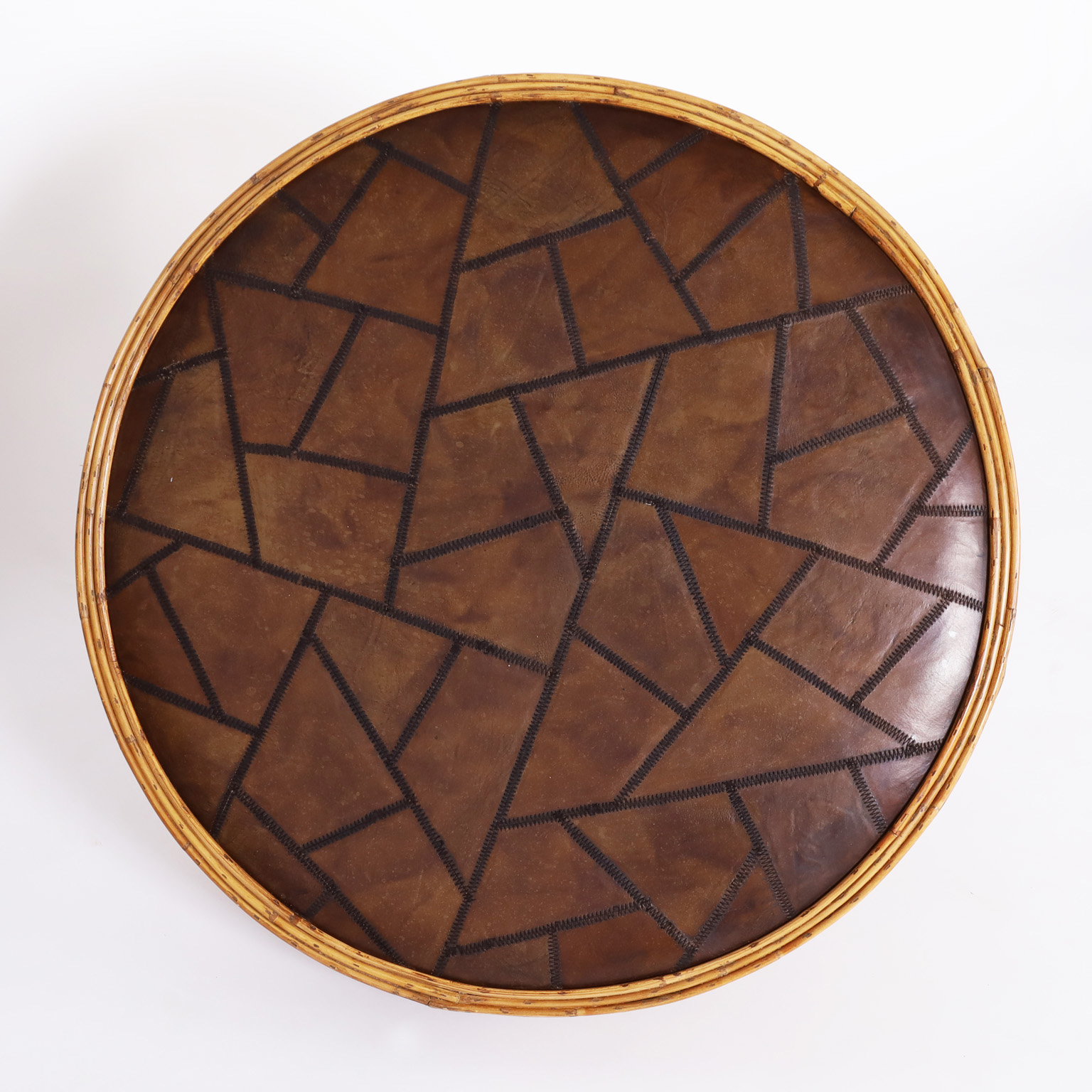 Mid Century Drum Form Rattan and Leather Coffee Table