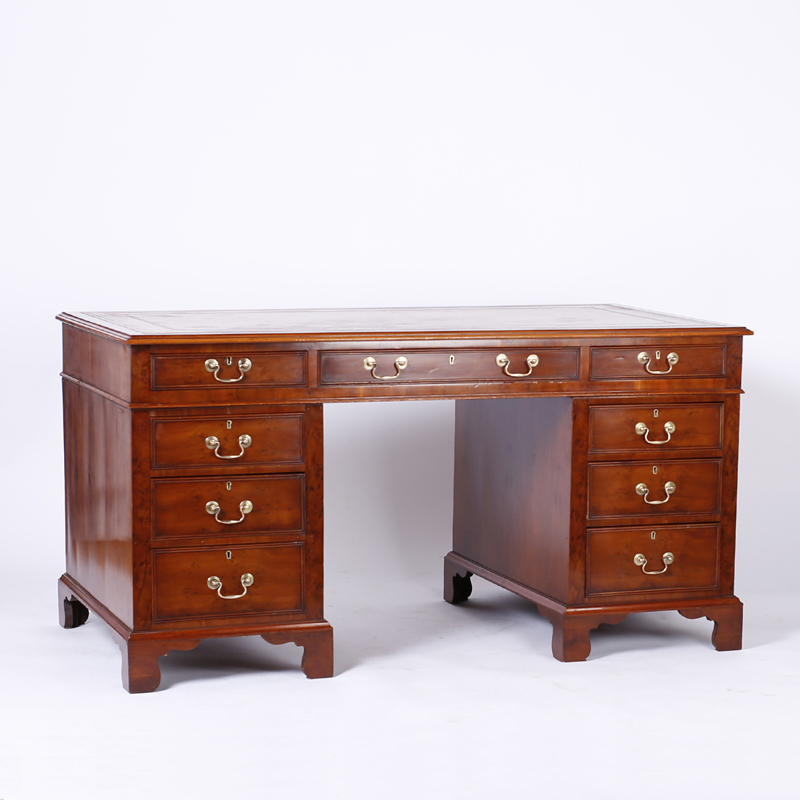 Antique English Yew Wood Leather Top Desk