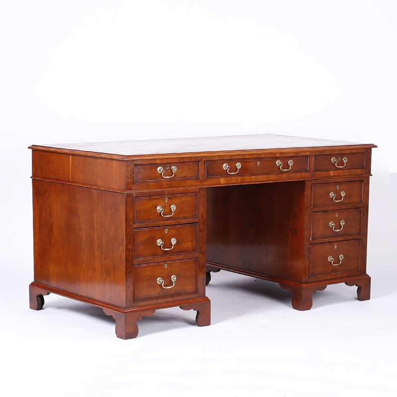 Antique English Yew Wood Leather Top Desk